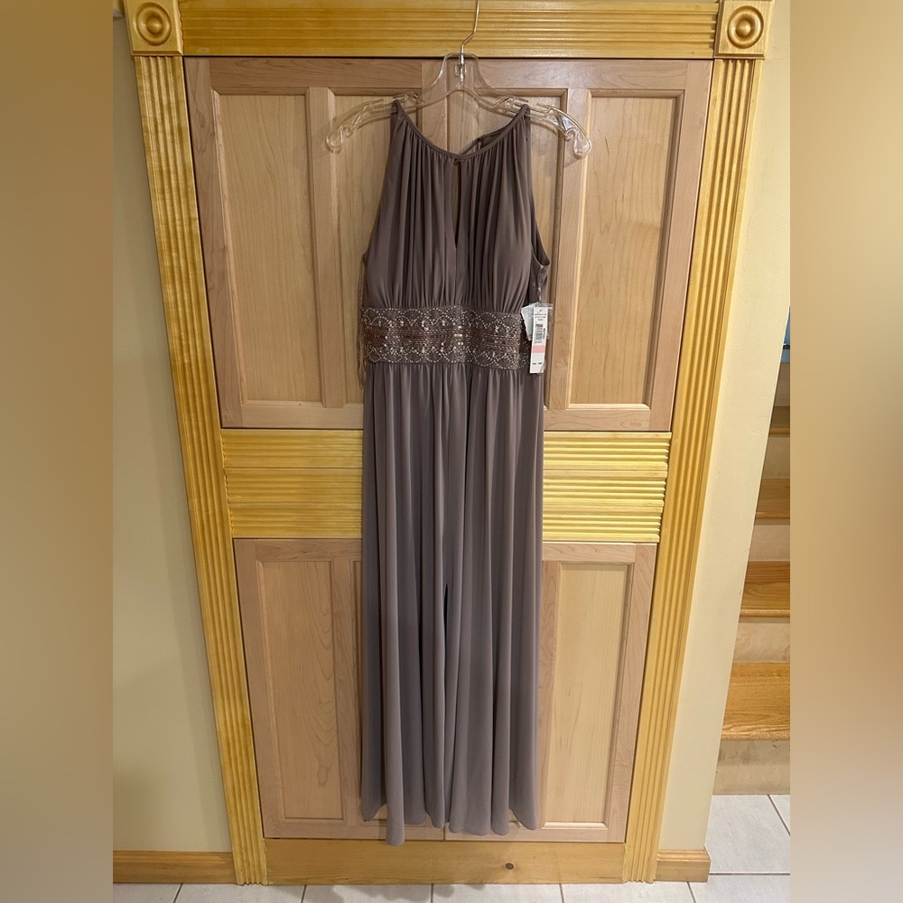 NWOT: Taupe women’s long dress with front slit (women’s size 10 petite)